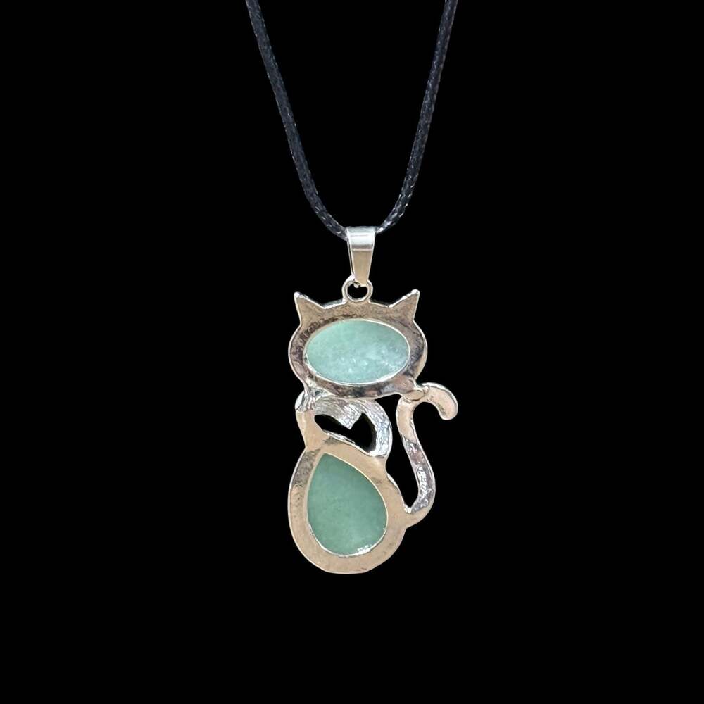 Green Aventurine Crystal Cat Pendant Black Cord Necklace - Picture 2 of 3
